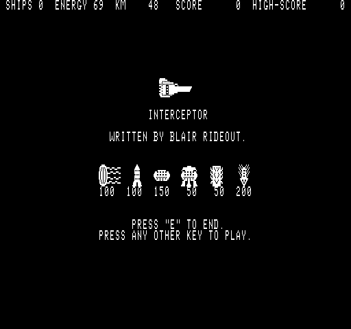 Interceptor (Exidy Sorcerer) screenshot: Title screen