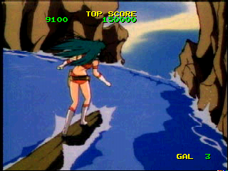 Time Gal & Ninja Hayate (PlayStation) screenshot: Time Gal - ah, the ancients sport of log-sailin'