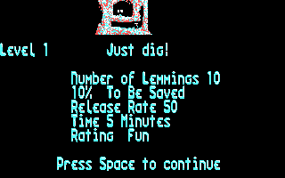 Lemmings (DOS) screenshot: Objective Screen - Level 1 (CGA)