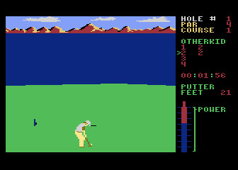Leader Board (Atari 8-bit) screenshot: The putting length bar in action