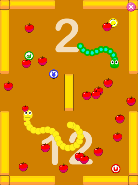 Impossible Snake (Browser) screenshot: VS mode, eat the most apples and grab the power-ups