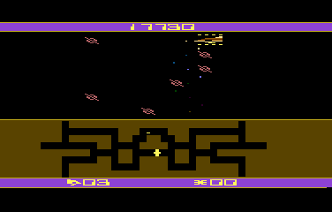 Flash Gordon (Atari 8-bit) screenshot: Destroying the last group of hatching pods. Notice the shield around the ship.