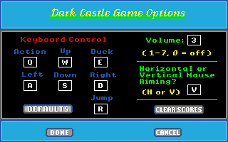 Dark Castle (Apple IIgs) screenshot: Options screen