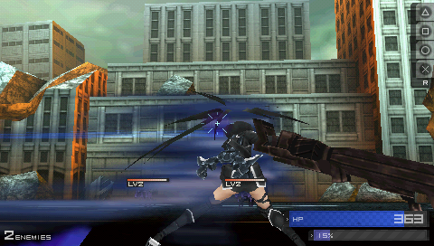 Black Rock Shooter: The Game (PSP) screenshot: Black Rock has remembered that if you move out of the way, you're less likely to get hit by bullets.
