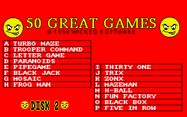 50 Great Games (Amiga) screenshot: Game select disk 2