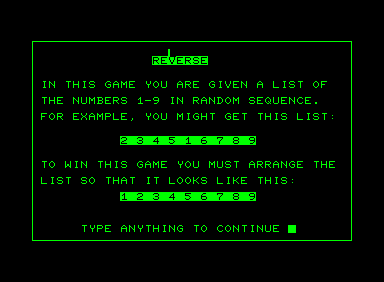 Reverse (Commodore PET/CBM) screenshot: Instructions