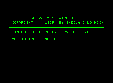 Wipeout (Commodore PET/CBM) screenshot: Introduction screen