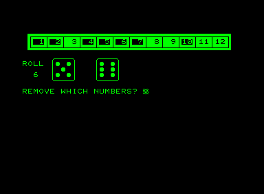 Wipeout (Commodore PET/CBM) screenshot: Higher numbers are better to roll because they give more options, you'll want to cross of those high numbers though