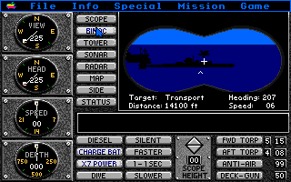 Sub Battle Simulator (Apple IIgs) screenshot: Spotting a transport in the binoculars