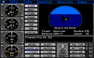 Sub Battle Simulator (Apple IIgs) screenshot: Destroyed a destroyer while looking through the scope