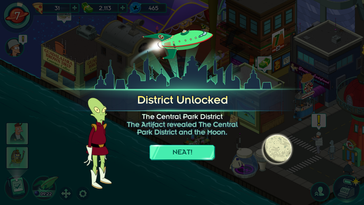 Futurama: Worlds of Tomorrow (iPhone) screenshot: A new district available