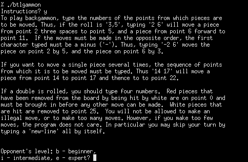 Btlgammon (Mainframe) screenshot: Instructions