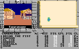 The Bard's Tale II: The Destiny Knight (Amiga) screenshot: The default party in Tangramayne