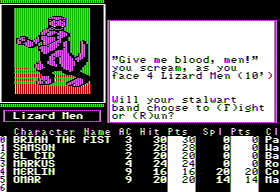 The Bard's Tale II: The Destiny Knight (Apple II) screenshot: Lizard Men attack