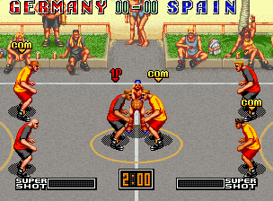 Street Slam (Neo Geo CD) screenshot: Start of match - graphics change depending on location (Japanese)