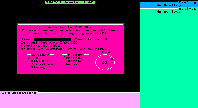Tracon: Air Traffic Control Simulator (DOS) screenshot: Select option (version 1.02)