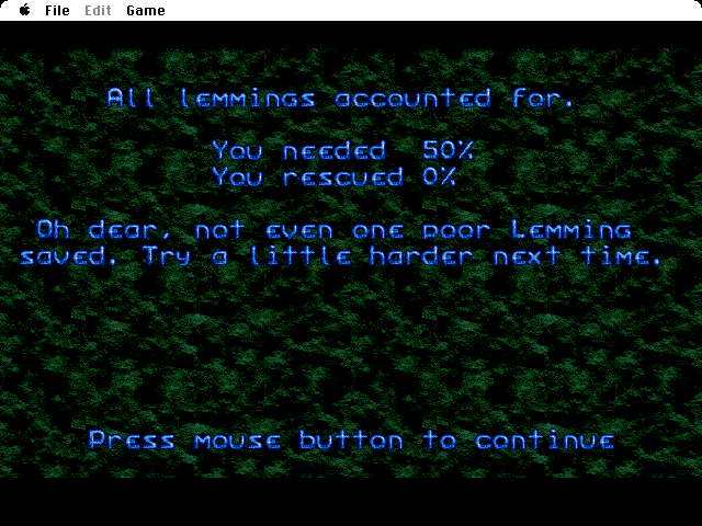 Oh No! More Lemmings (Macintosh) screenshot: This is the Level 1 summary. As you can see, I could have done much better.
