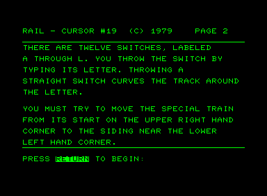 Rail (Commodore PET/CBM) screenshot: Instructions page 2