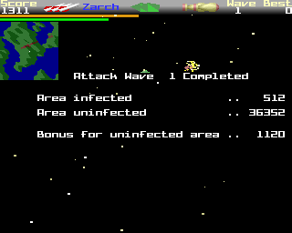 Virus (Acorn 32-bit) screenshot: Wave one complete