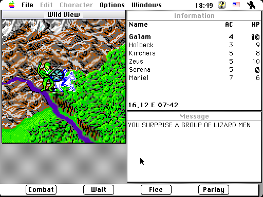 Pool of Radiance (Macintosh) screenshot: Surprised a group of Lizardmen in the wilderness (color)