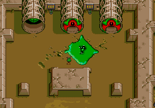 The Ooze (Genesis) screenshot: Boss fight against mutated giant snakes