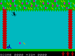 Naanas (ZX Spectrum) screenshot: The purple oblong shapes are coconuts and the yellow ones are bananas