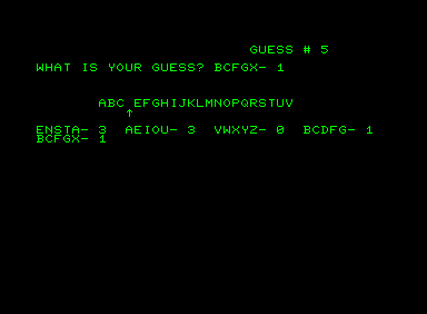 G-Word (Commodore PET/CBM) screenshot: You can hide letters you think are eliminated from play