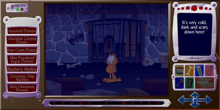 Garfield's Scary Scavenger Hunt II: Donuts of Doom (Browser) screenshot: Starting off in the cellar. It's dark.