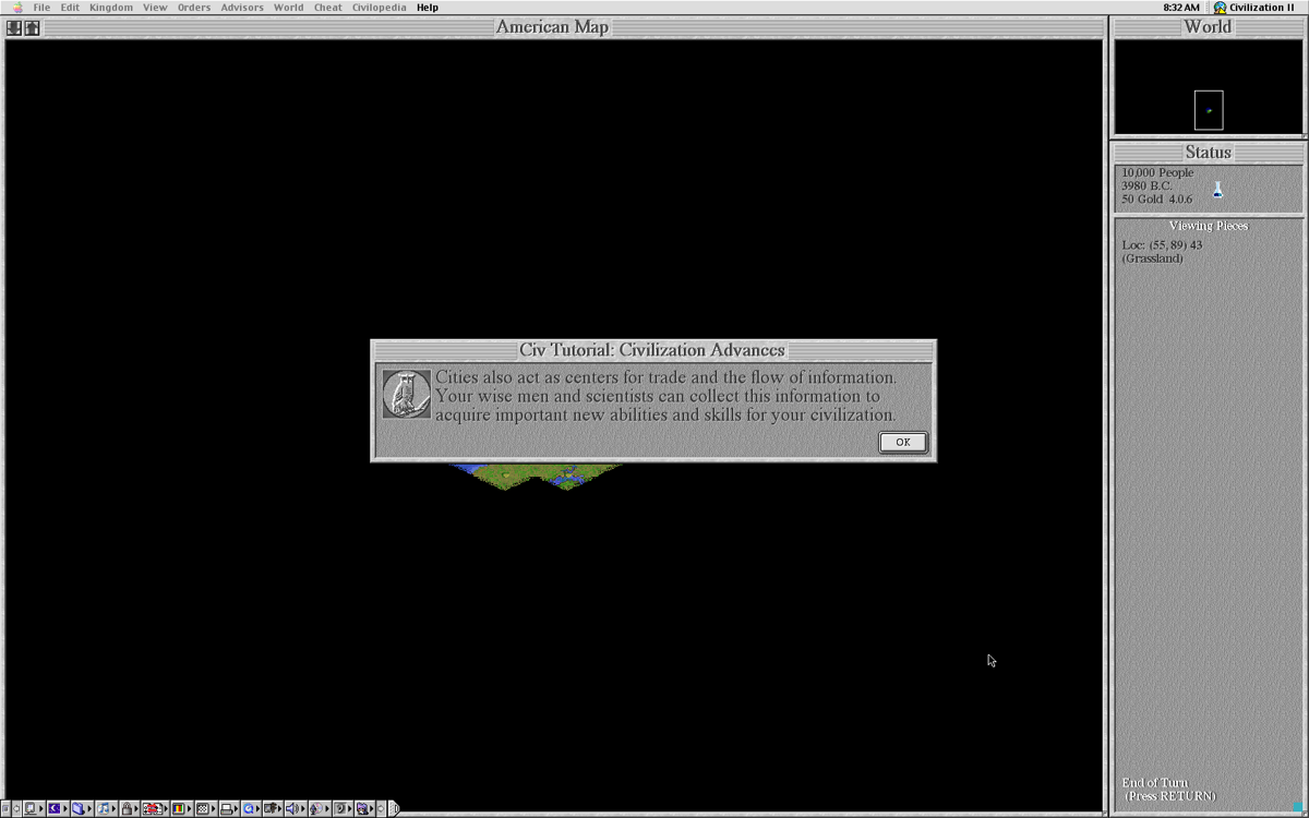 Sid Meier's Civilization II (Macintosh) screenshot: Third part of the tutorial.