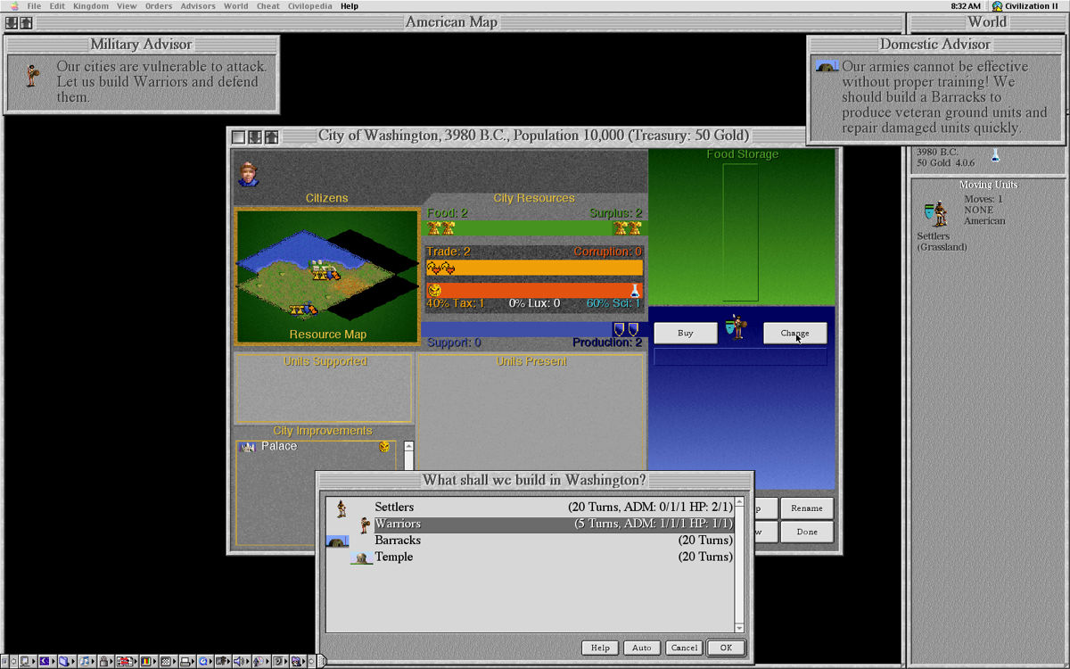 Sid Meier's Civilization II (Macintosh) screenshot: Choosing the resources we need for our city.