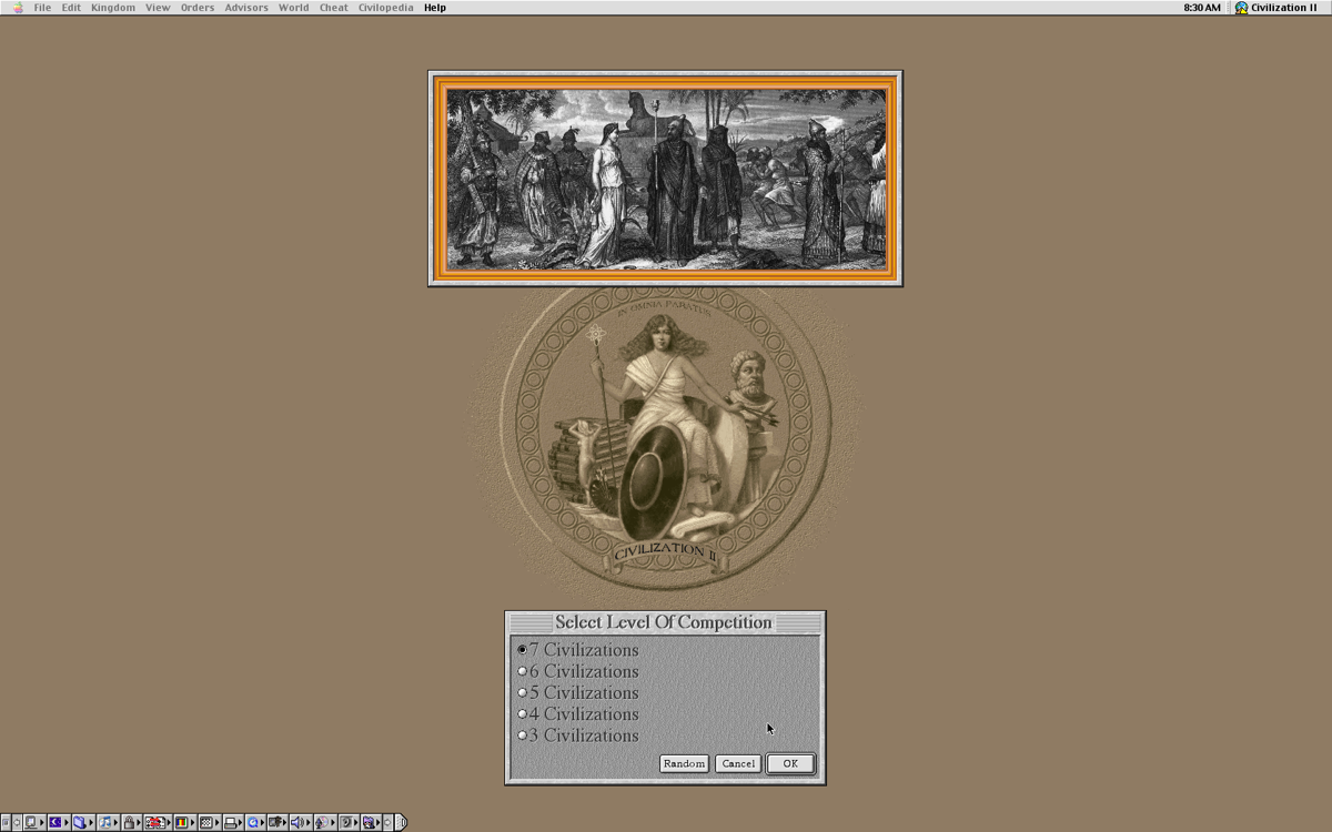 Sid Meier's Civilization II (Macintosh) screenshot: Choosing the level of competition.