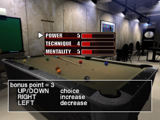 Backstreet Billiards (PlayStation) screenshot: Ability upgrade in story mode