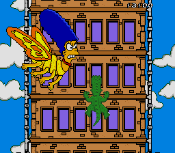 The Simpsons: Bart's Nightmare (Genesis) screenshot: Bartzilla climbing a building, attacked by Marge moth