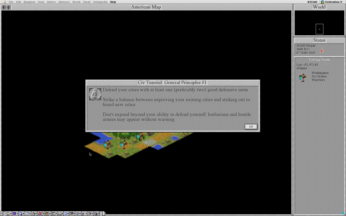 Sid Meier's Civilization II (Macintosh) screenshot: Sixth part of the tutorial.