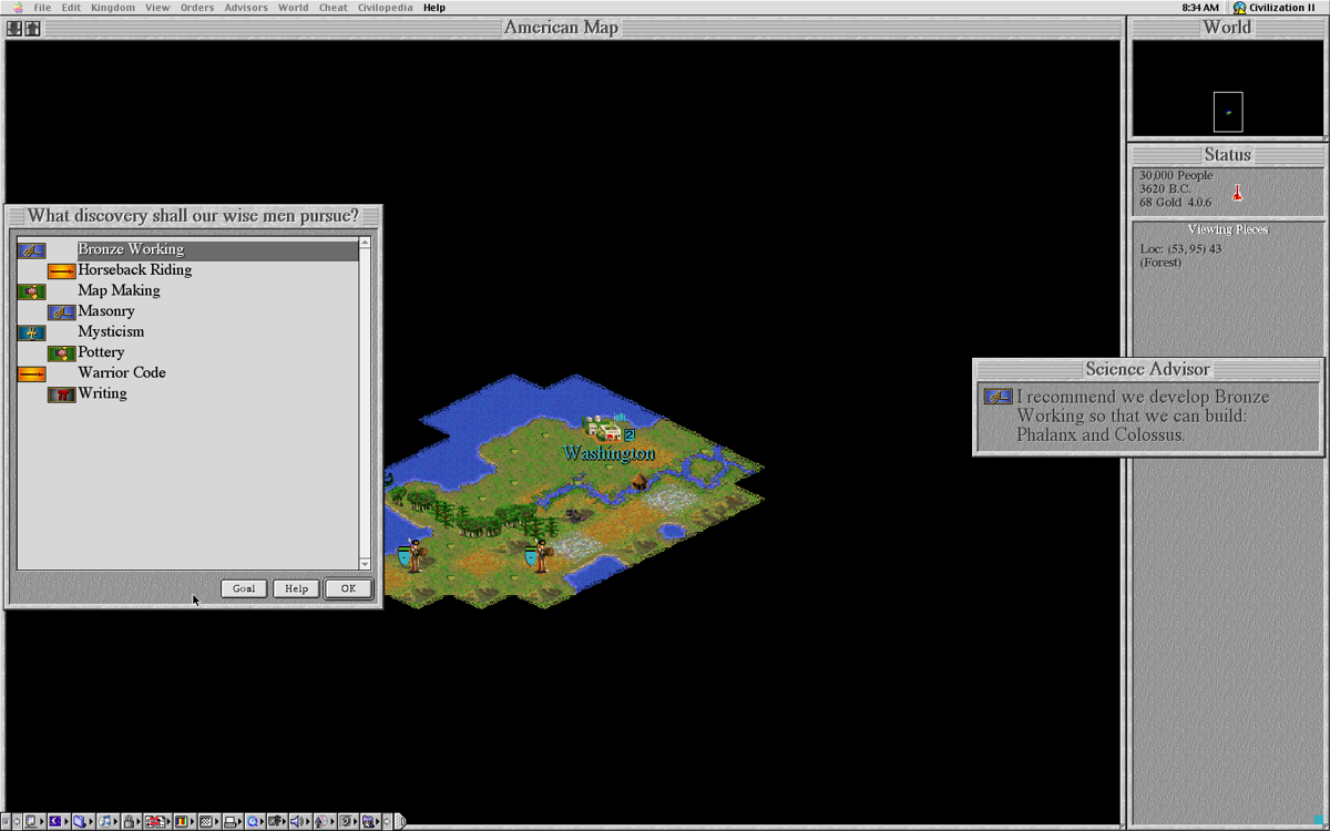 Sid Meier's Civilization II (Macintosh) screenshot: We should accept the advisor for Bronze Working.