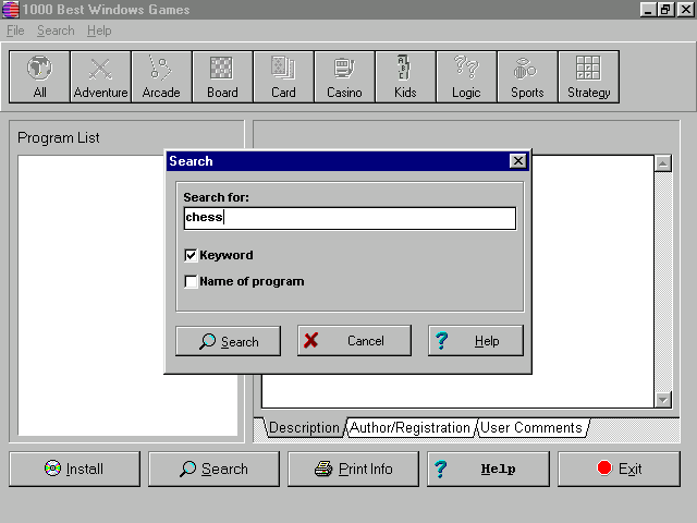 1000 Best Games for Windows (Windows 3.x) screenshot: This shows the database search option being used....