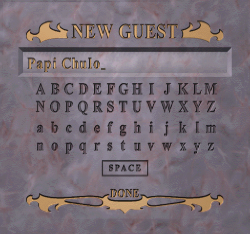 Golden Nugget (PlayStation) screenshot: New guest. Deleted the default name (Steve Killsbourg).