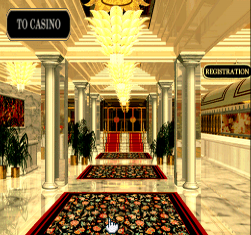 Golden Nugget (PlayStation) screenshot: Lobby. "Welcome to the fabulous Golden Nugget! Please be sure to visit our registration desk."