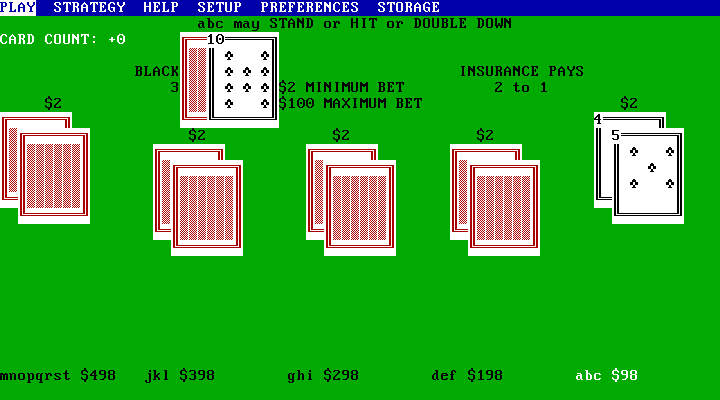 BlackJack Academy (DOS) screenshot: Stand or Hit