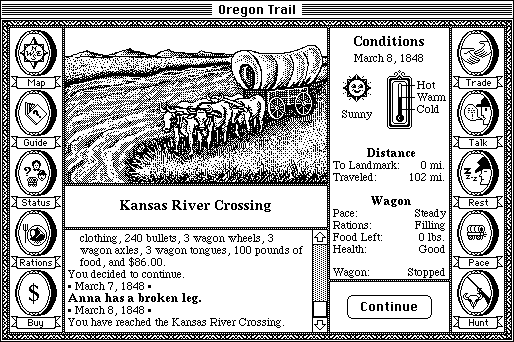 The Oregon Trail (Macintosh) screenshot: Kansas River Crossing