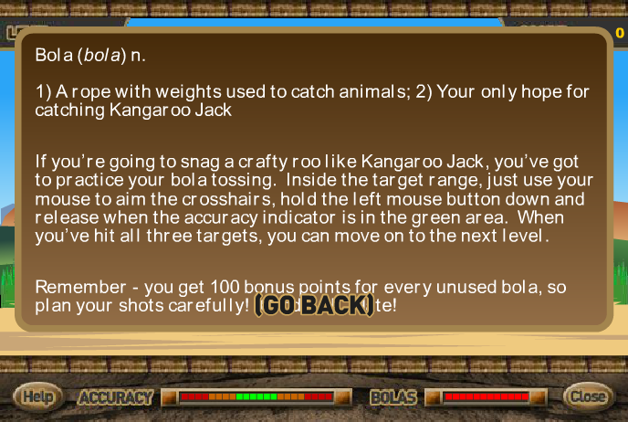 Kangaroo Jack Outback Bola (Browser) screenshot: Instructions