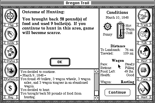 The Oregon Trail (Macintosh) screenshot: I got 58 pounds of meat and used 9 bullets.