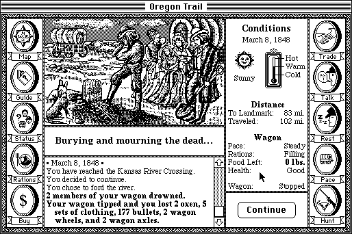 The Oregon Trail (Macintosh) screenshot: A member died. ;_;