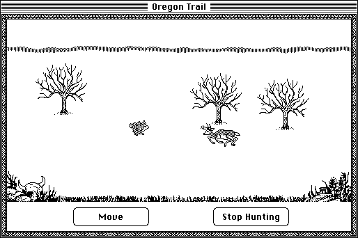 The Oregon Trail (Macintosh) screenshot: Hunting some animals so that we can get more food without having to buy some.