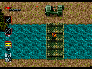 Rambo III (Genesis) screenshot: Level 3. A river and a jeep