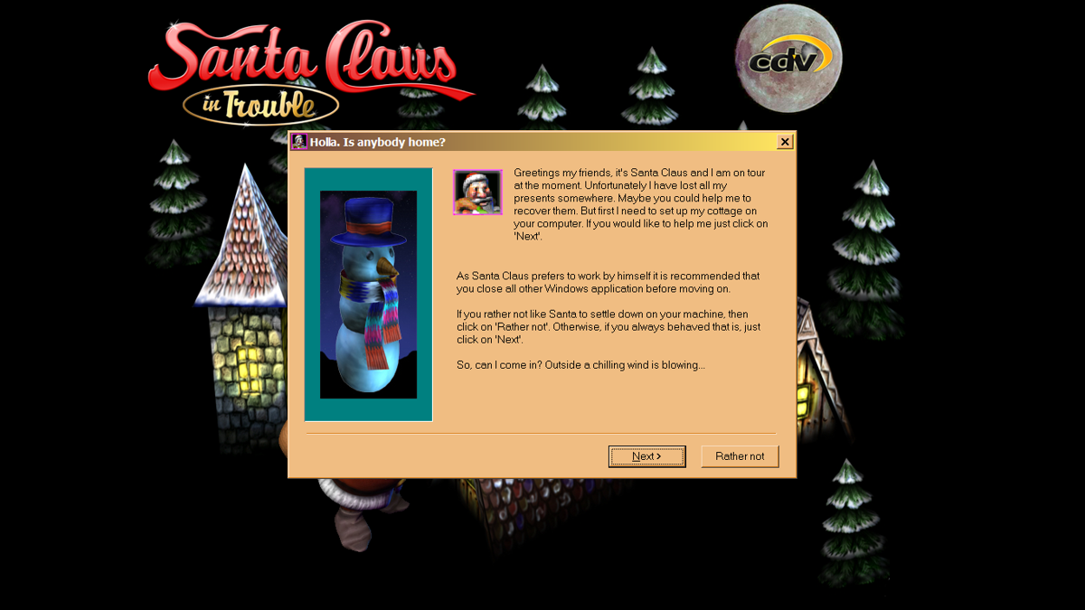 Santa Claus in Trouble (Windows) screenshot: The game installer has the typical default, boring text replaced with endearing messages from Santa.