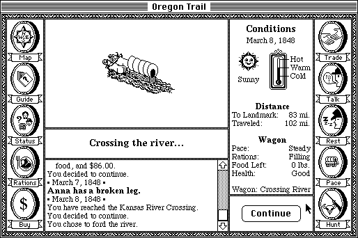 The Oregon Trail (Macintosh) screenshot: Crossing the river