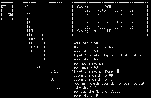 Cribbage (Mainframe) screenshot: Reaching 30 points; I am unable to place more cards, so the computer is told to 'GO'