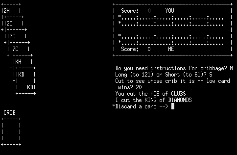 Cribbage (Mainframe) screenshot: Starting a game. I am asked to discard two cards to make a hand of four
