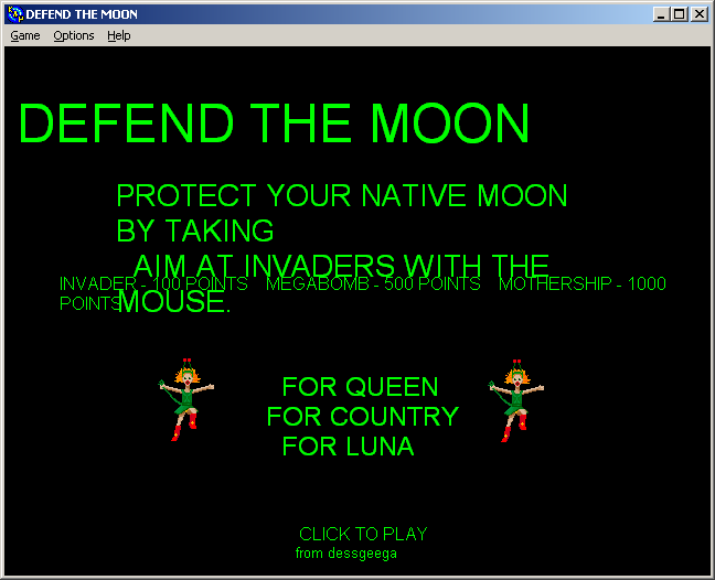 100-in-one Klik & Play Pirate Kart (Windows) screenshot: defend the moon start screen
